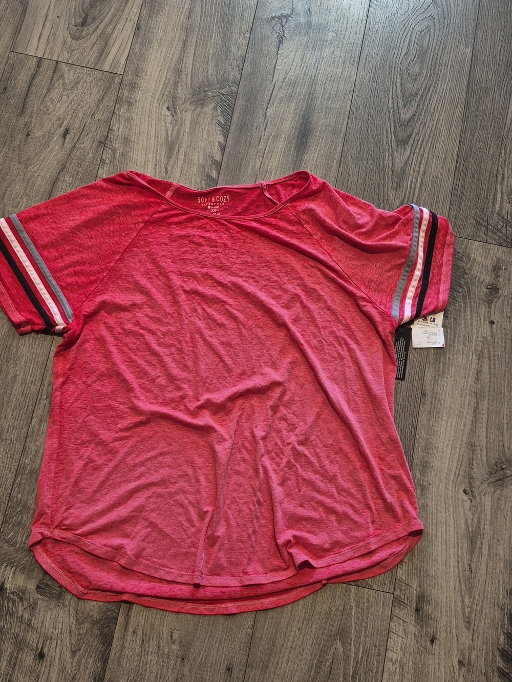 Women's Short Sleeve Pink Stripe Sleeve Tee Soft & Cozy Lifestyle 2x